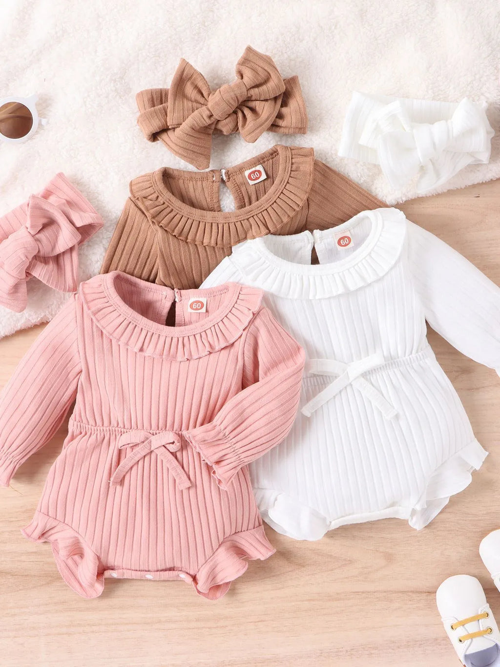 Baby girl long sleeve striped cotton romper with headscarf in white, pink, and brown options