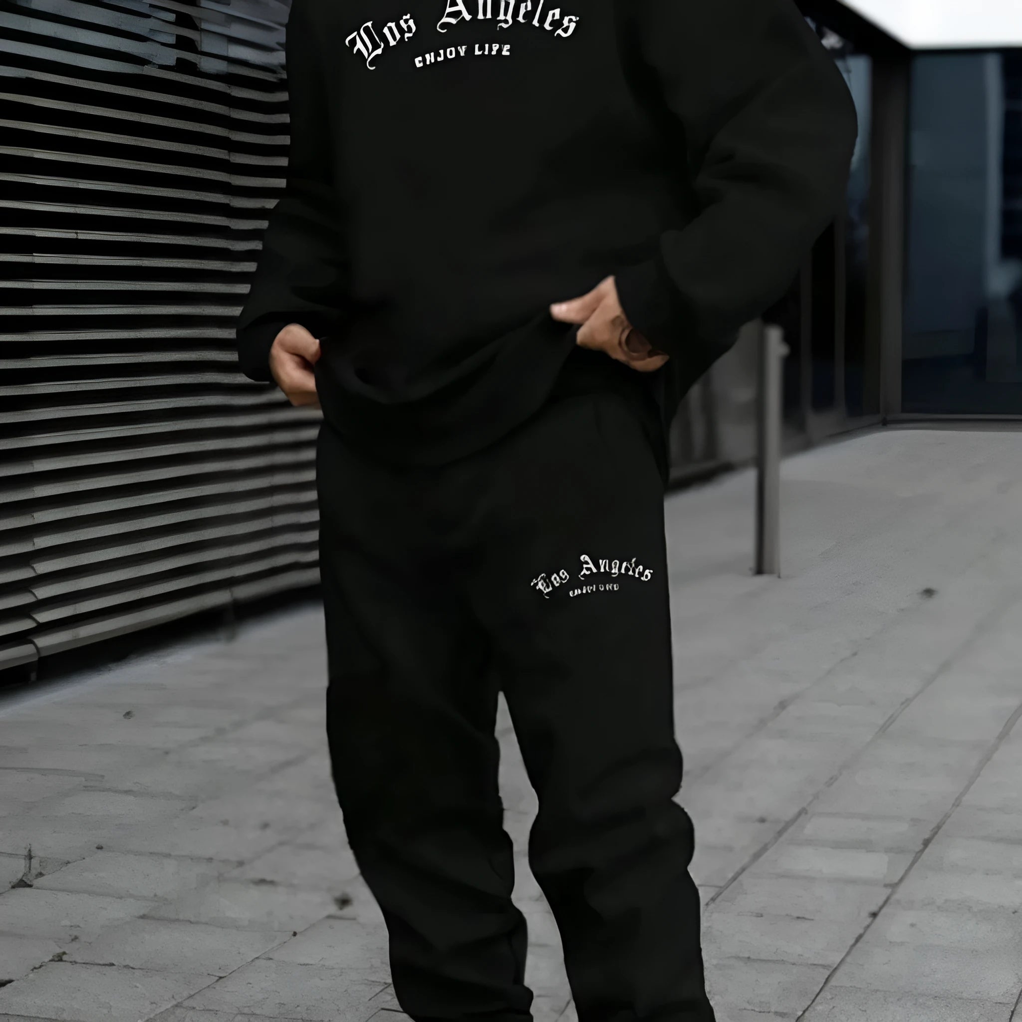 Men's grey hooded sweater and trousers leisure set with letter printing on chest