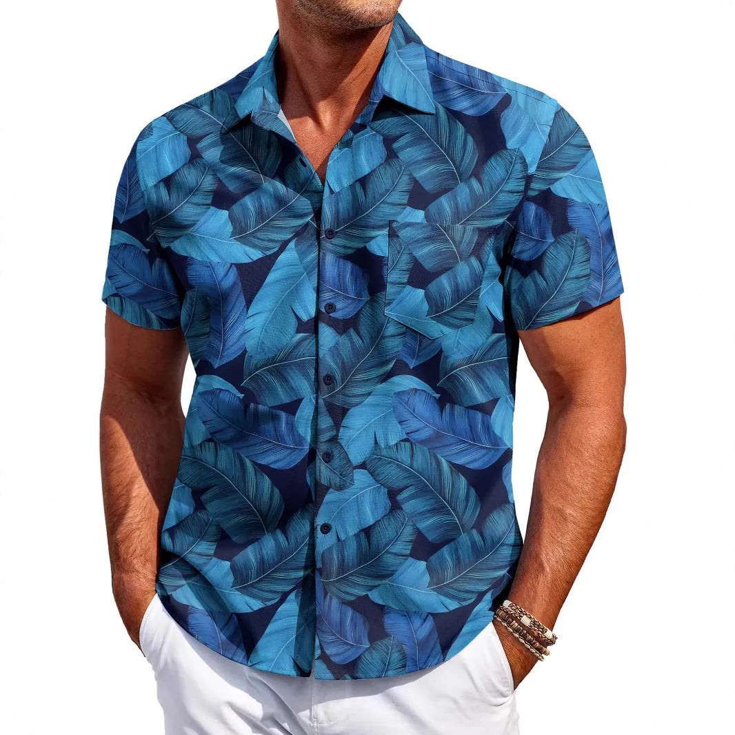 Men's slim fit Hawaiian short sleeve shirt in a cardigan style.