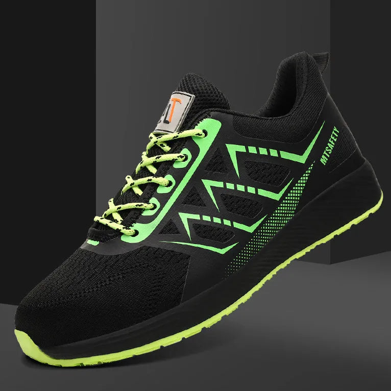 Black ultra-light labour protection safety shoes with steel toe cap and lace-up front