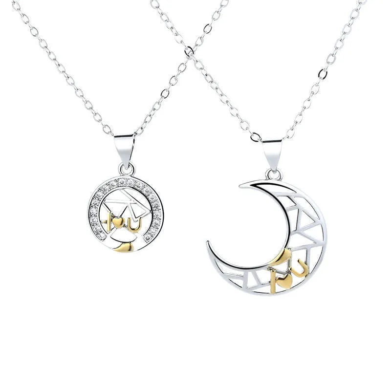 Copper sun and moon couple necklace with electroplated finish and cross chain.