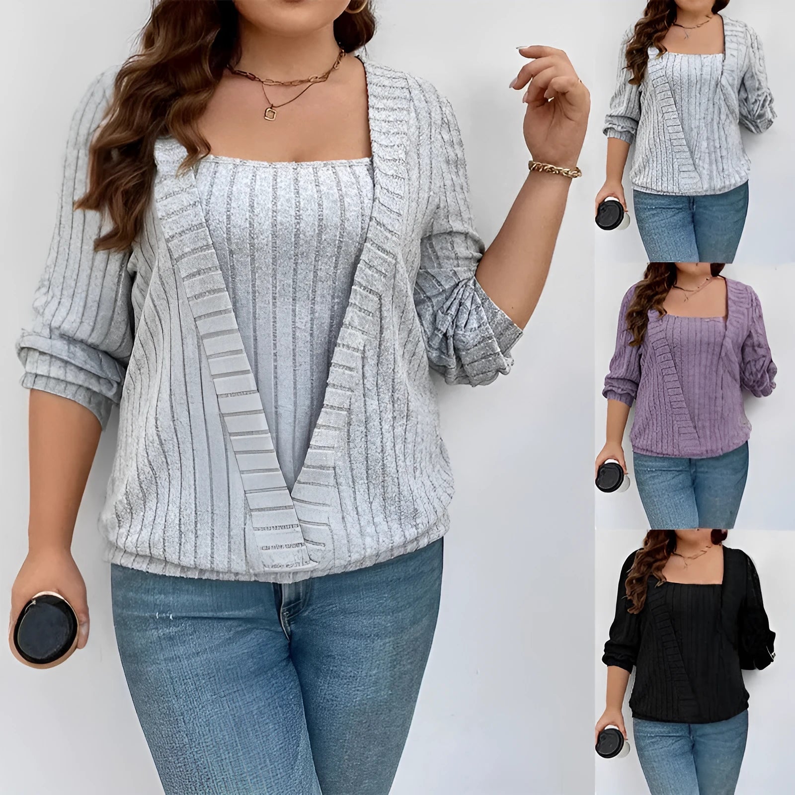 Solid colour V-neck long sleeve false two-piece suit top in a loose rib fabric fit.