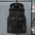 Men's black thickened polyester vest with a removable hood and zipper pockets.