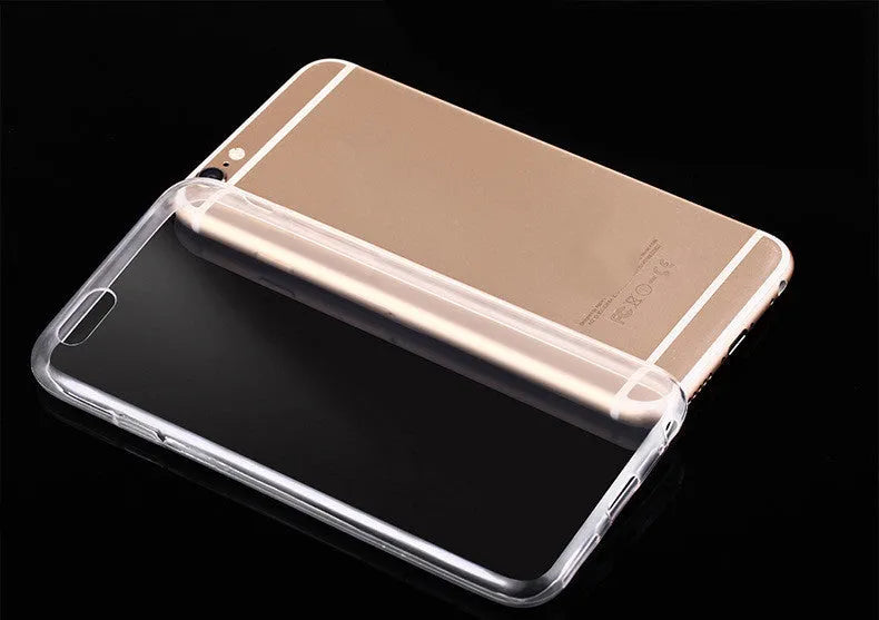 Transparent flexible TPU soft shell protective case for iPhone on a white background