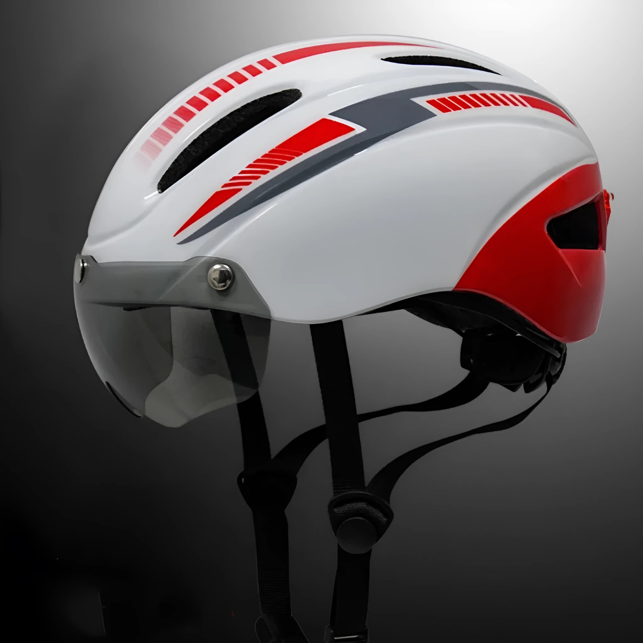 Adult bicycle helmet in Black Blue White colour scheme with adjustable straps and free size fit.