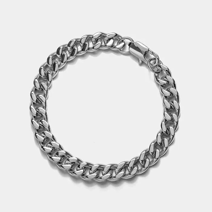 Stainless steel Cuban link chain bracelet in polished silver finish, 8mm width