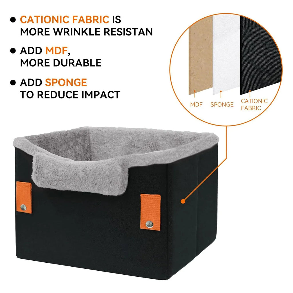 Small dog car seat in grey with safety buckle and fleece lining, measuring 40.6 x 33 x 28 cm