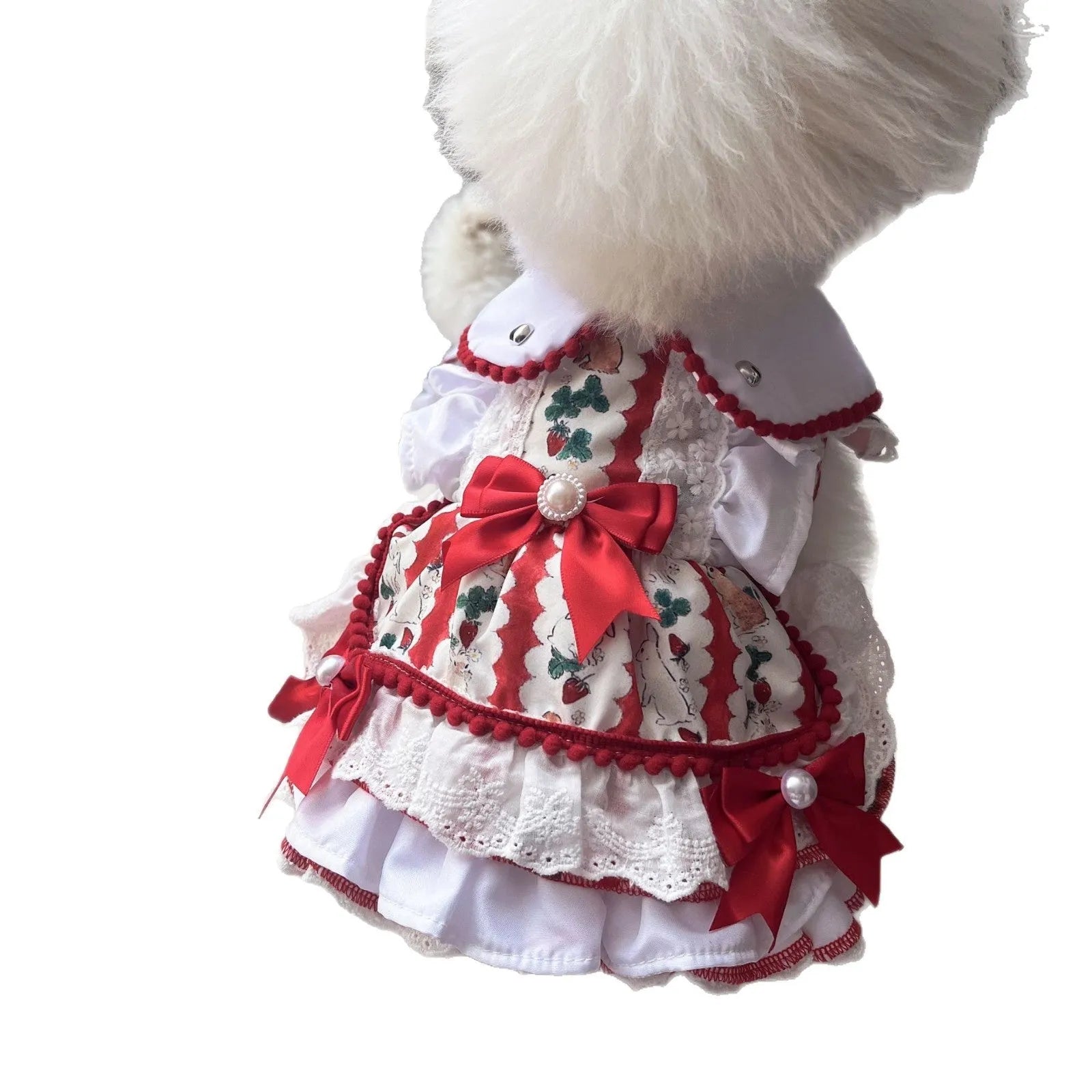 Polyester dog clothing in a rabbit skirt princess style, shown in multiple sizes for small pets.