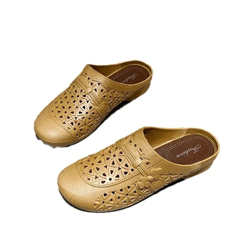 Flat toe box fairy style half slippers in apricot, black, and brown colours with hollow-out design.