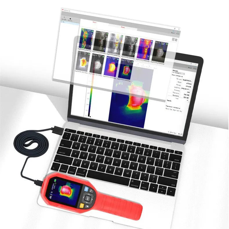 UTi series handheld infrared thermal imager on a table with USB cable and storage card.