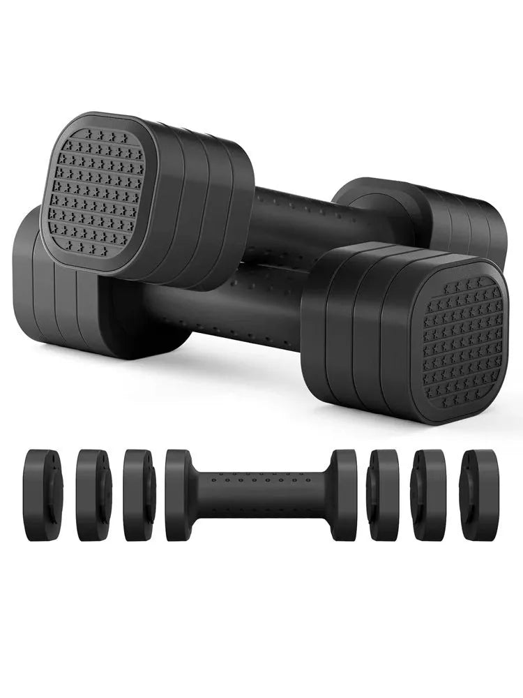 Set of pink 5 lb detachable ABS plastic dumbbells for women's fitness on a grey background.