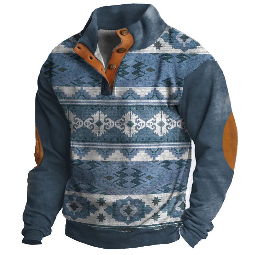 Loose fit long sleeve sweater with a 3D digital printed pattern and a four-button placket front.