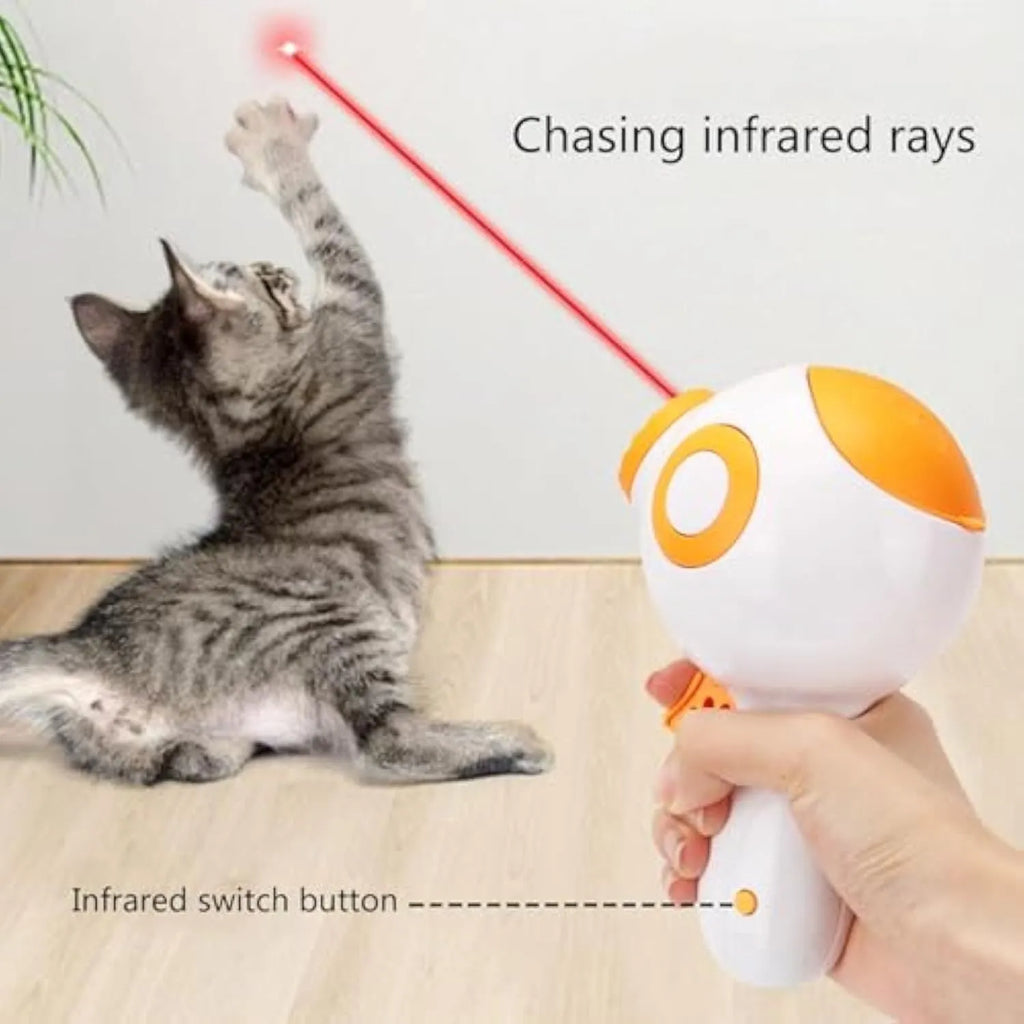 Green, orange, and pink plastic dog treat launcher toy with dispenser for interactive play and training.