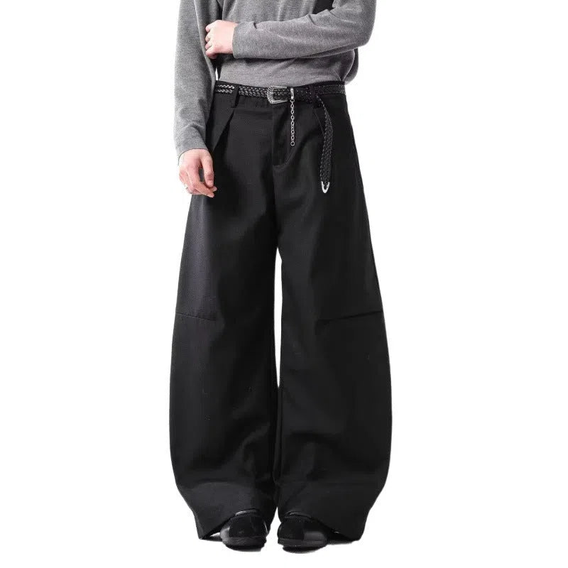 Men's loose casual wide leg pants in black, high waist, cotton blend fabric