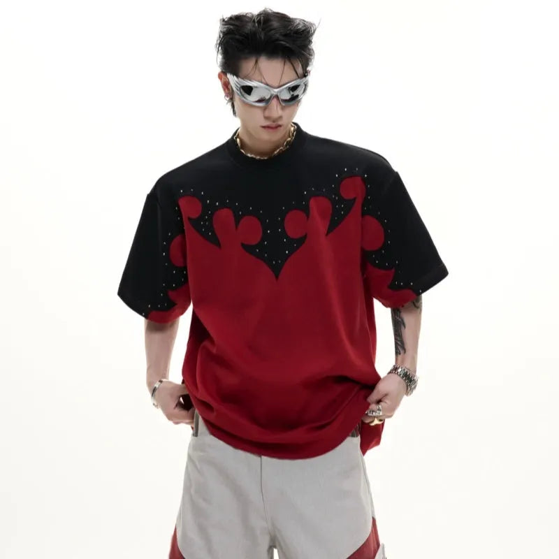 Men's grey cotton shirt with a raised burnt flower pattern and rhinestone decoration on the front.