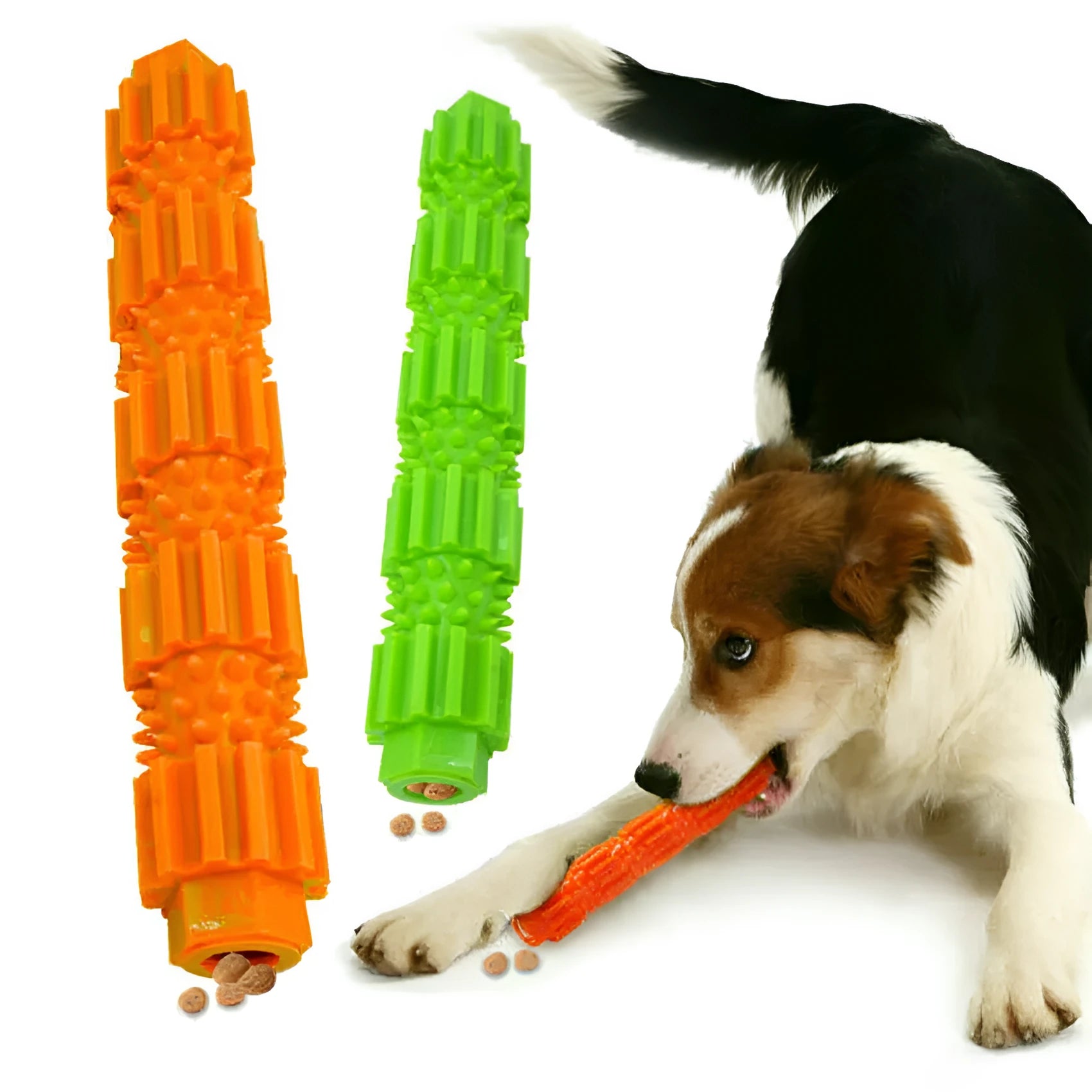 Green and orange durable rubber dog chew toy with treat hole and squeaker for aggressive chewers