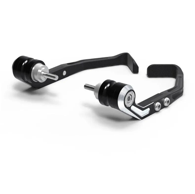 A pair of CNC-machined black bow guard pads for Honda CBR650 motorcycle brake horn protection.