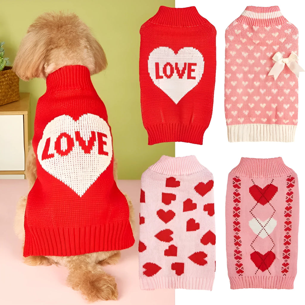 Red dog sweater with white love heart and bow design on a small dog