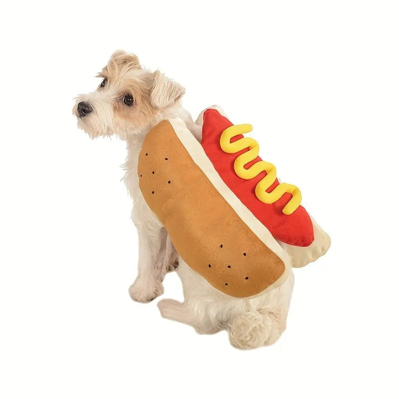 Dog wearing a red and brown hot dog costume with a fleece lining and hook-and-loop belly closure.