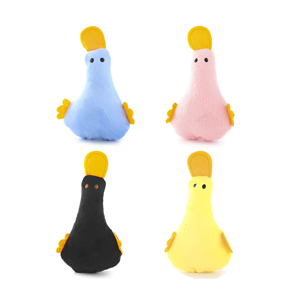 Colourful soft plush duck pet toy with catnip, a squeaker, and a rattle for cats and dogs