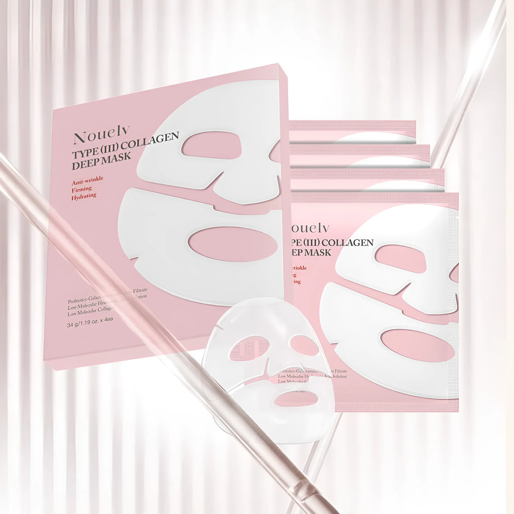 Collagen layered patch mask box containing 4 facial sheet masks for moisturising skincare