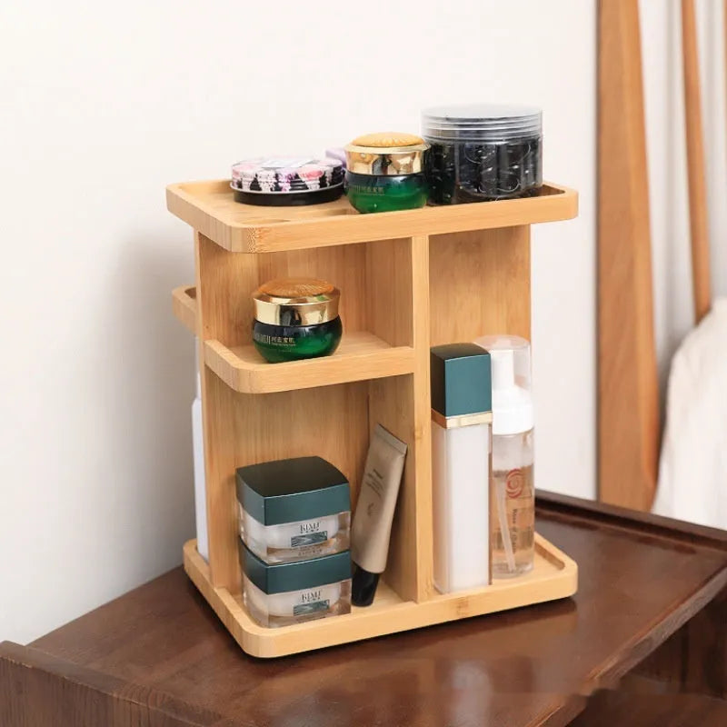 Natural bamboo rotating storage rack with multi-layer grid shelves for home organisation