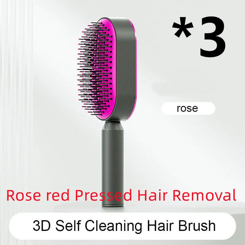 Self-cleaning air cushion hair brush in white, black gold, or black purple with ergonomic handle