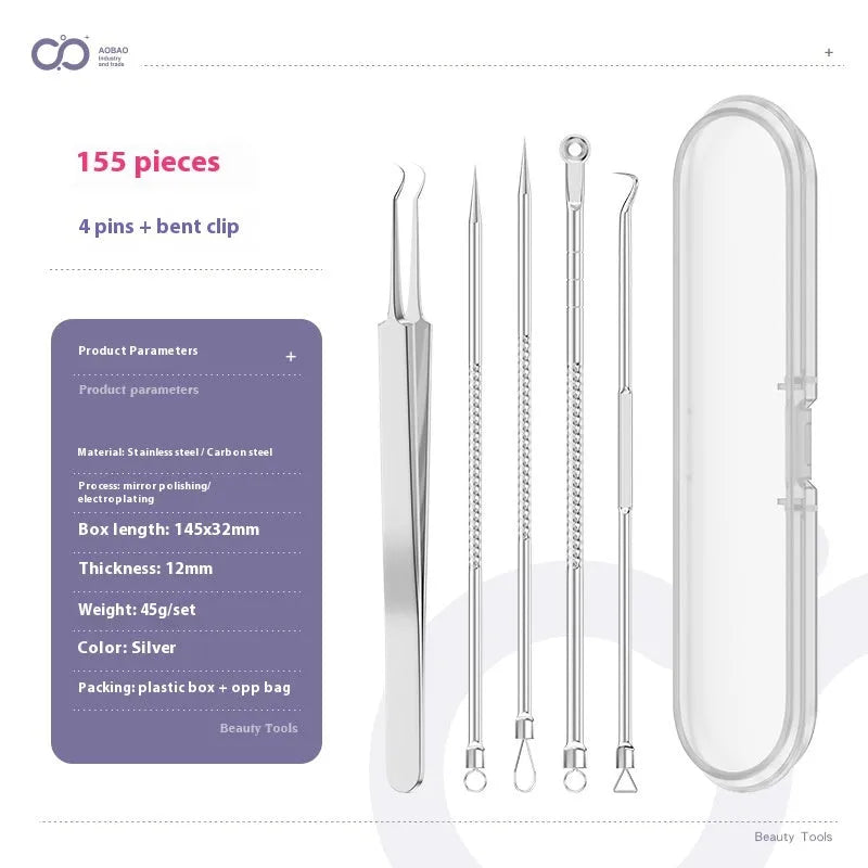 4-piece silver metal acne needle set with ultra-fine pointed tips for skin care