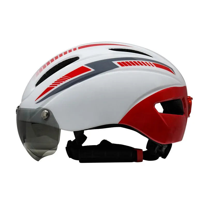 Adult bicycle helmet in Black Blue White colour scheme with adjustable straps and free size fit.