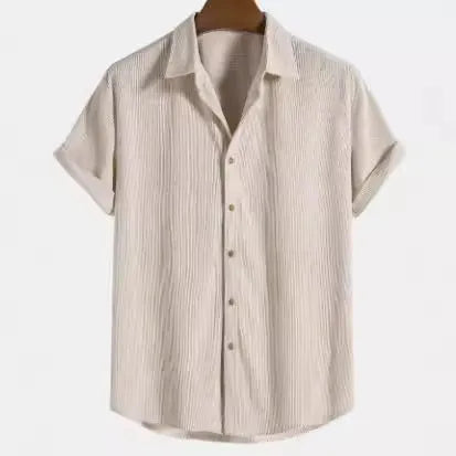 Man wearing a casual short-sleeved polyester shirt in a cardigan style, available in multiple colours.