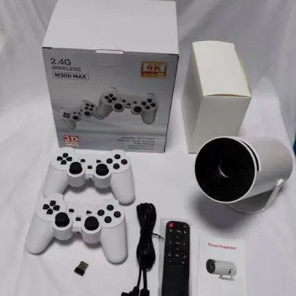 M300MAX portable projection game machine in white or red packaging with wireless gaming handles