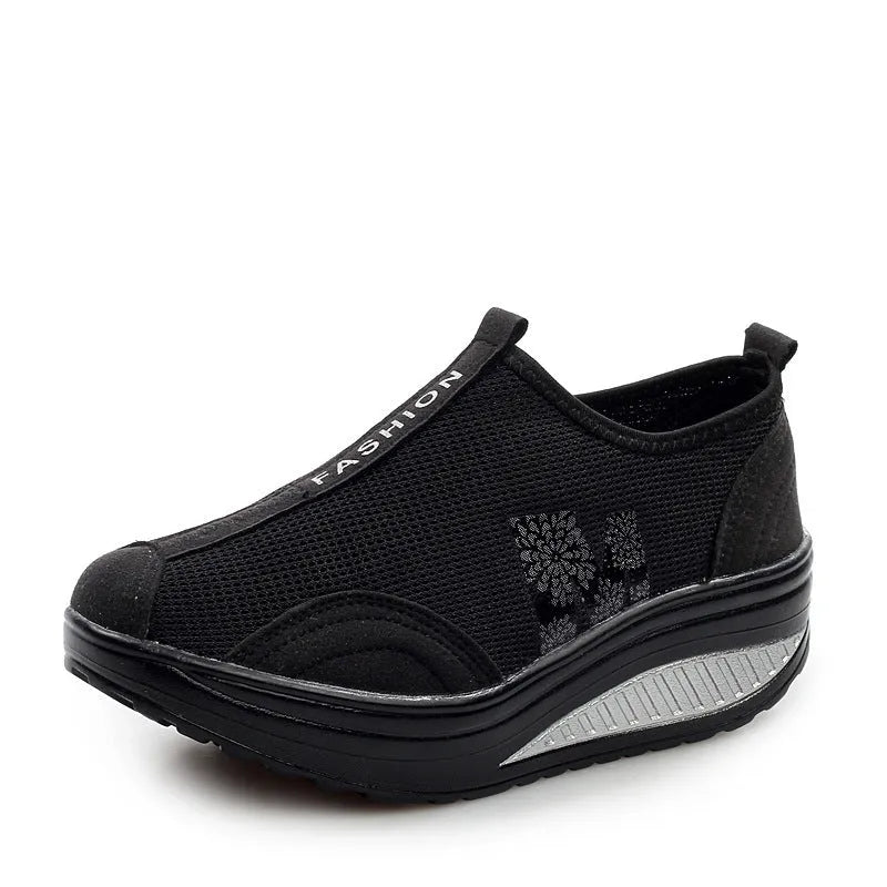 Women's casual wedge platform sneakers in 259 Black with mesh upper, round toe, and lace-up closure
