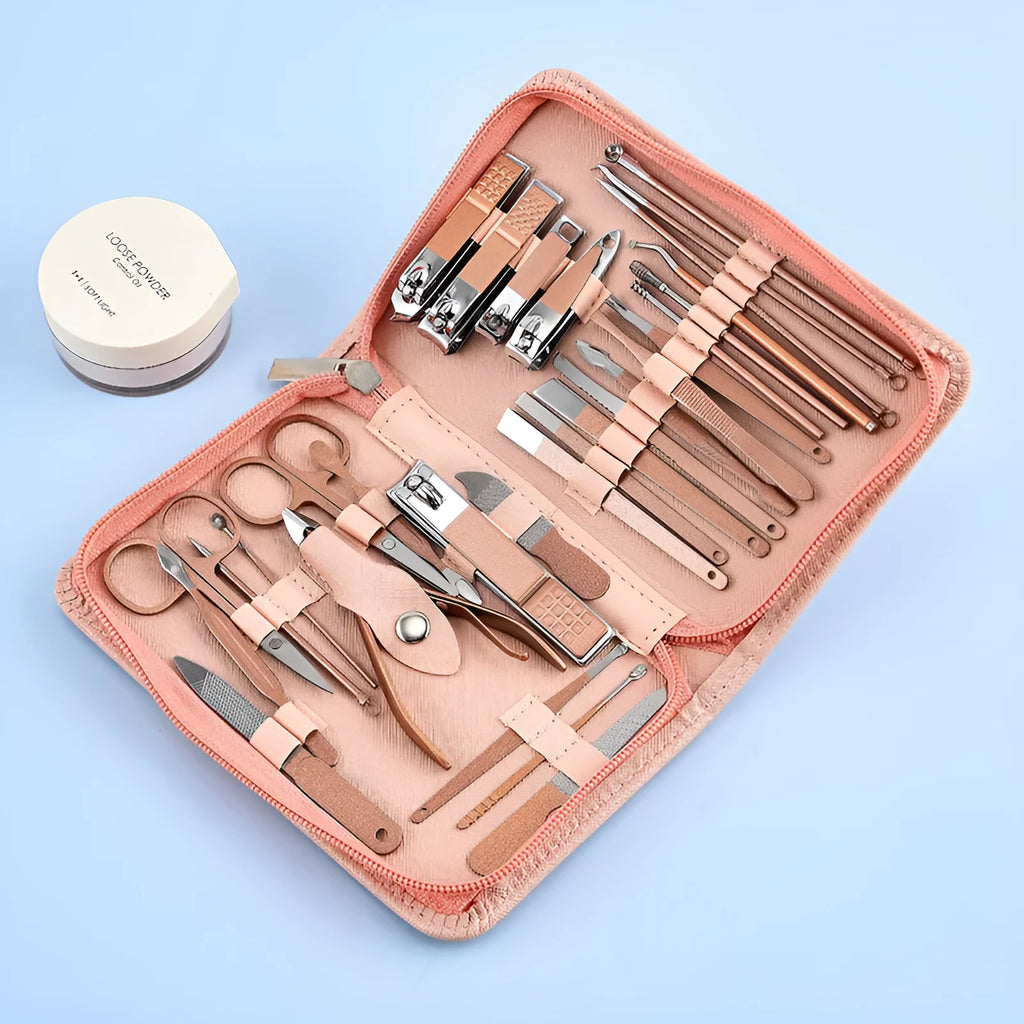 30-piece stainless steel nail clipper tool set in a portable case, available in multiple colours
