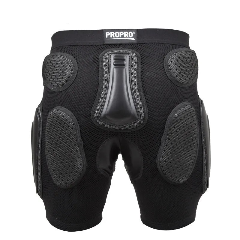 Black cycling hip protection pants showing integrated hip pad, displayed flat.