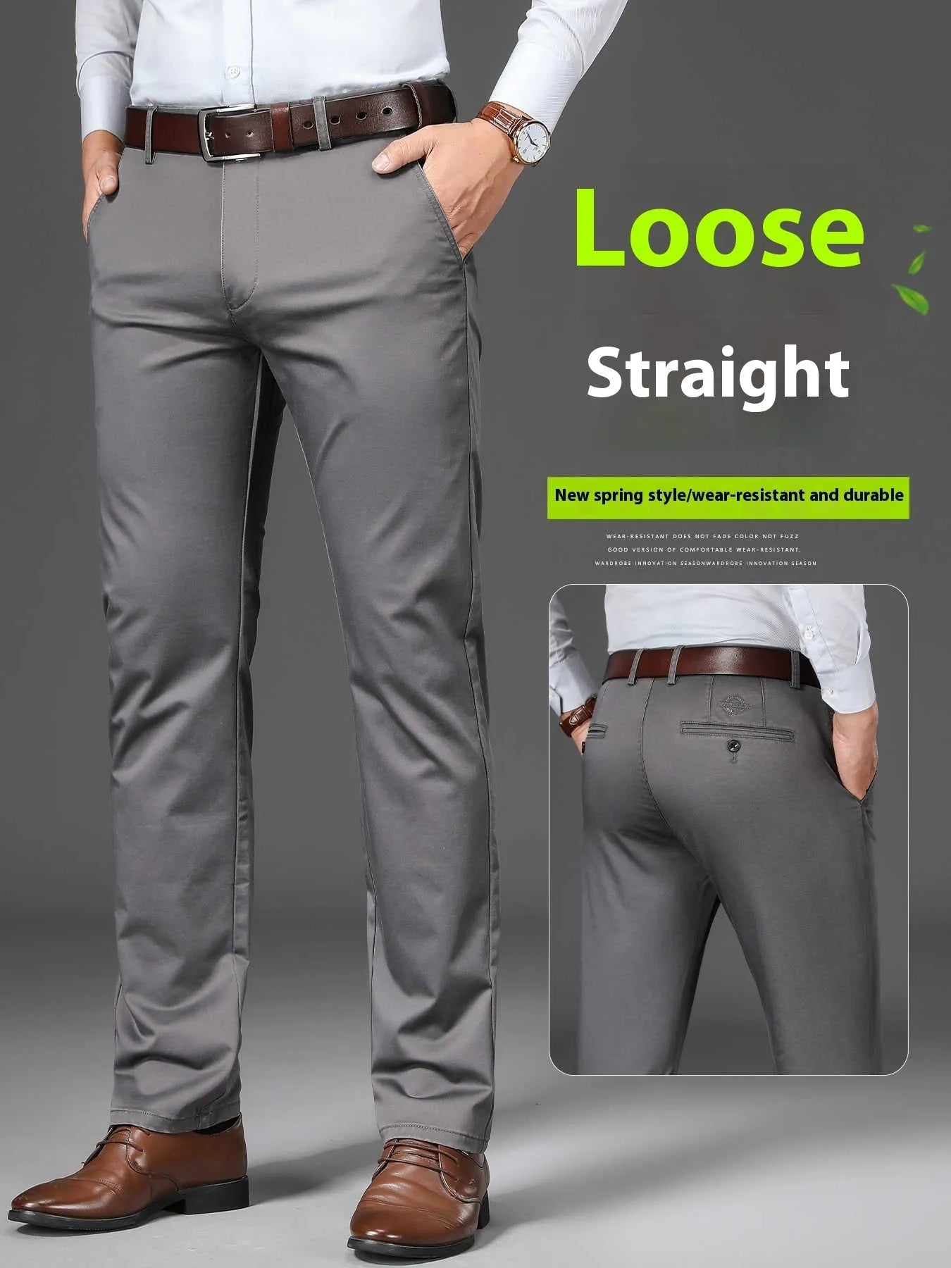 Men's straight leg non-ironing casual trousers in black, grey, khaki, and blue.