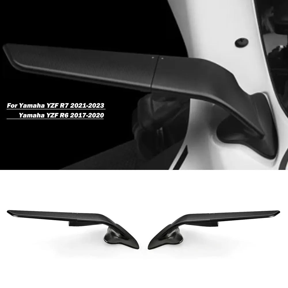Pair of black CNC aluminium rotating rearview mirrors for Yamaha YZFR6 and R7 motorcycles on white background