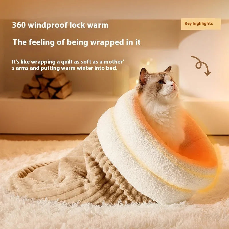Brown semi-enclosed cat sleeping bag with lambswool lining on wooden floor