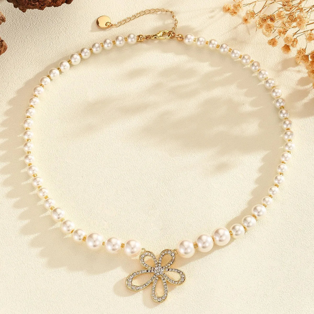 French romantic flower necklace with white petal pendant and gold-tone chain, Style1 single necklace