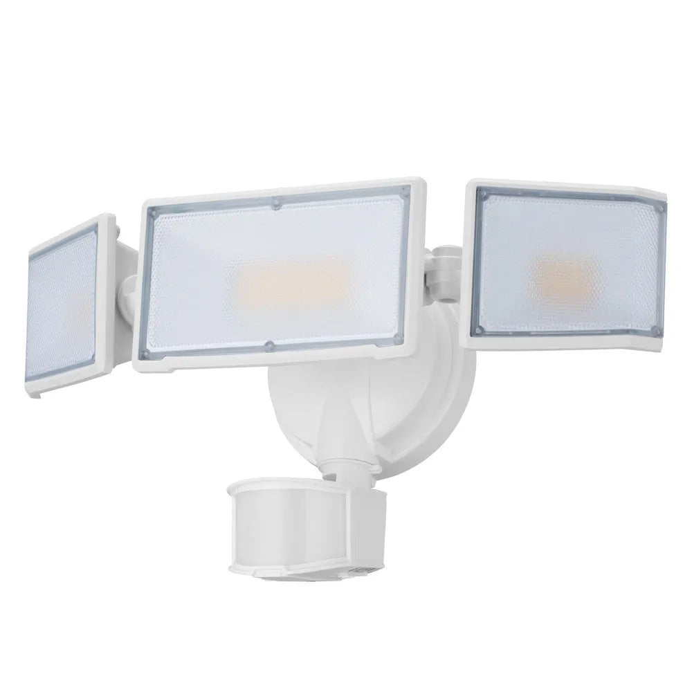 White or black 120V LED security flood light with motion sensor for outdoor wall or ceiling mounting.