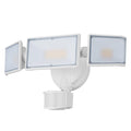White or black 120V LED security flood light with motion sensor for outdoor wall or ceiling mounting.