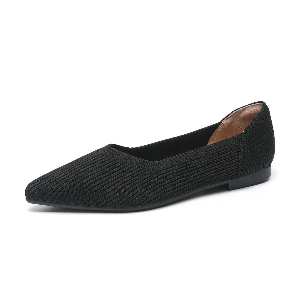Women's knit flat pumps with pointed toe and rubber sole available in multiple colours