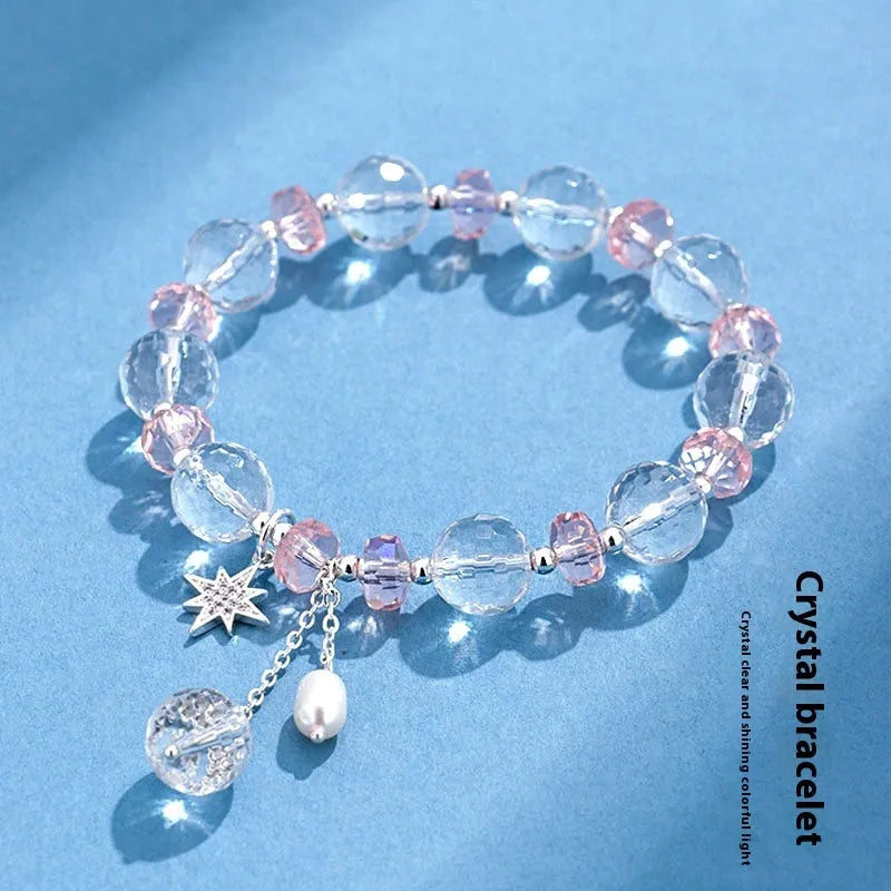 White crystal women's bracelet with diamond-shaped charms and lucky cat element on silver-tone chain