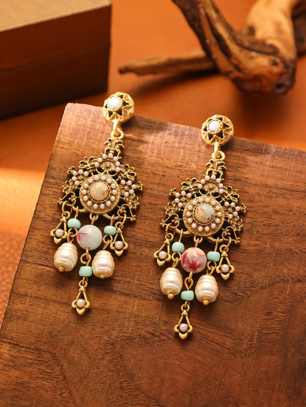 Alloy flower ear studs Chinese style 7.9cm drop for women red and green flower option