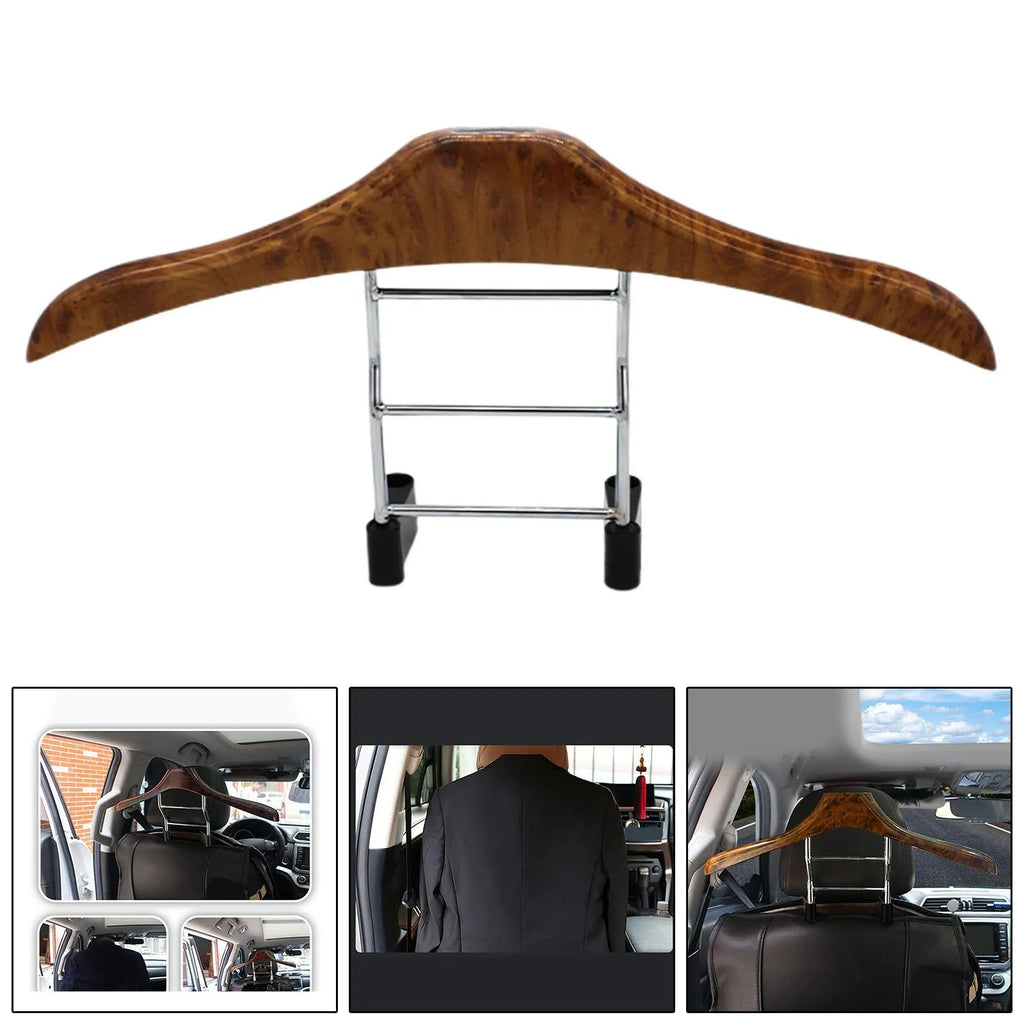 Wood yellow stainless steel car mounted clothes hanger measuring 46.5cm by 23cm