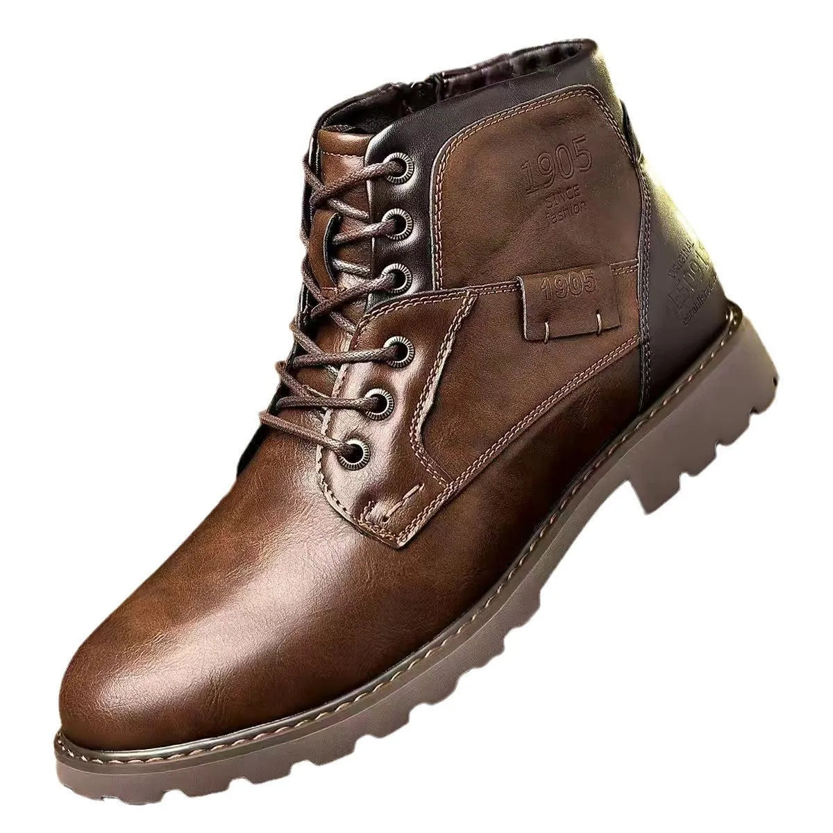 Men's brown leather-style ankle boot with a side zip and round toe on a rubber sole.