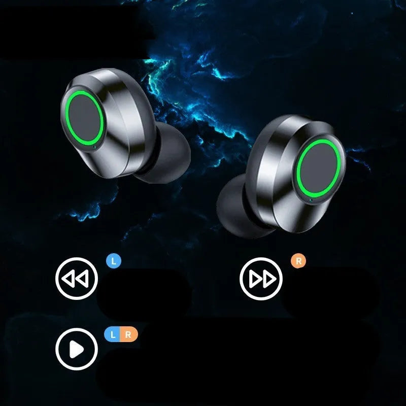 Black wireless earbuds with large screen digital display charging case and breathing light
