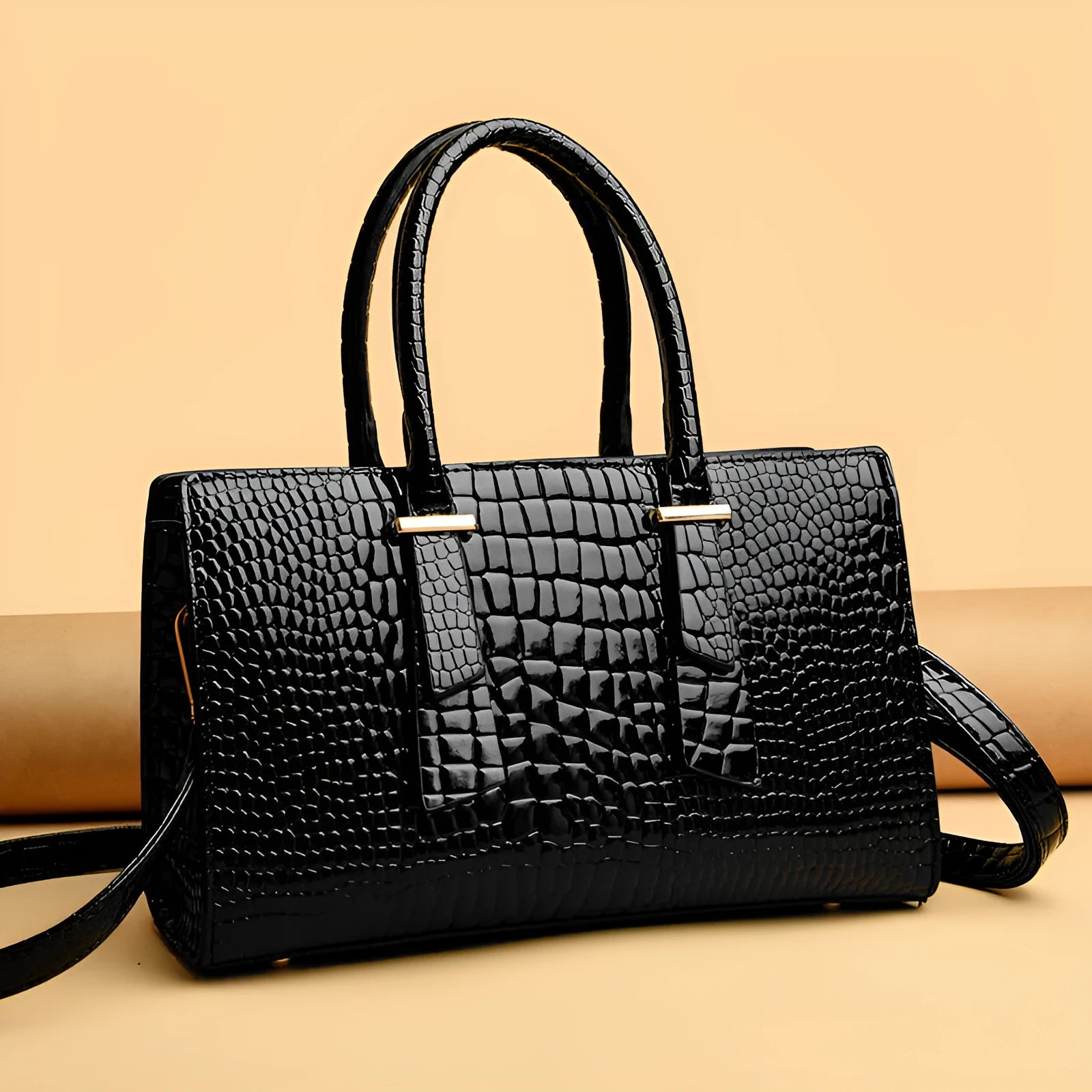 Women's retro crocodile pattern all-match shoulder messenger bag in black, PU material, front view