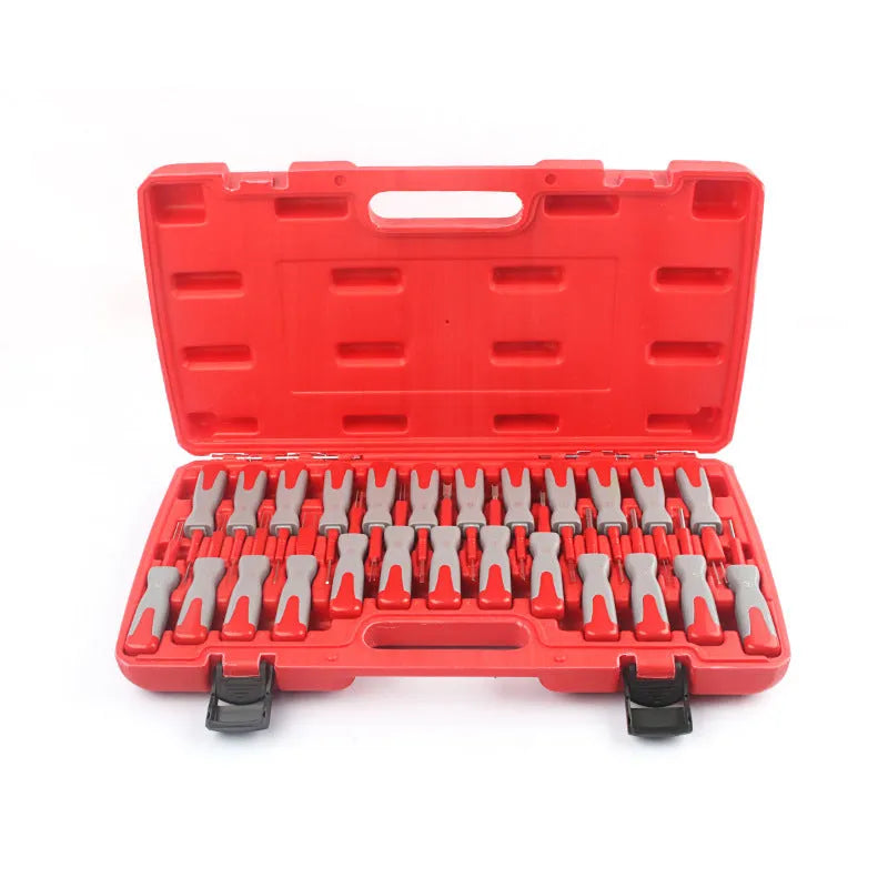 25 piece car terminal removal tool set in a black storage case with tools arranged for auto electrical repair.
