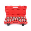 25 piece car terminal removal tool set in a black storage case with tools arranged for auto electrical repair.