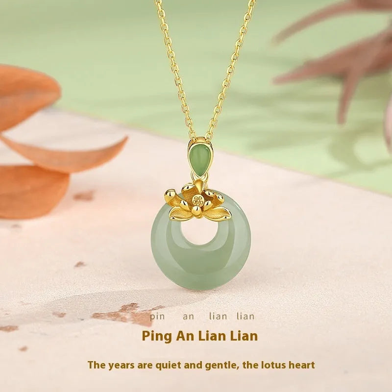 Hetian jade peace buckle necklace with yellow gold electroplated 925 sterling silver O-shaped chain, 41-50cm
